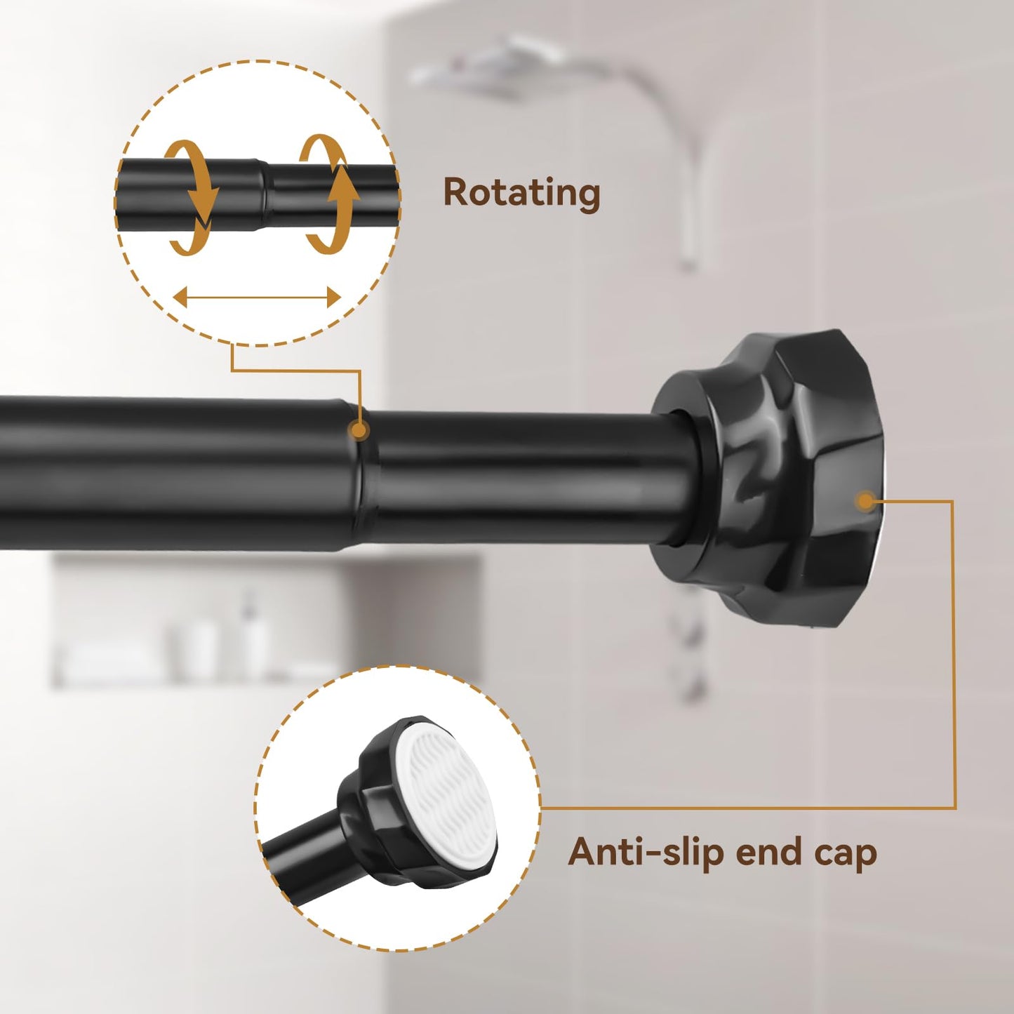 Black Extendable Shower Curtain Pole 76-195cm, Ø25mm Shower Curtain Pole No Drilling for Bathroom, Doorways, Balcony