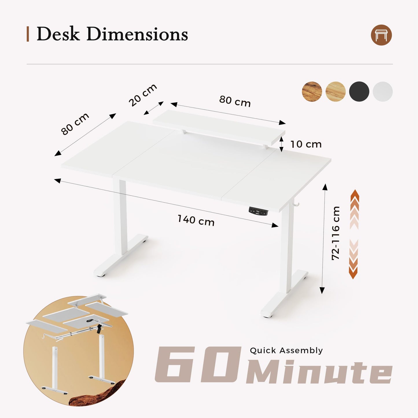 Klicelor Eletric Height Adjustable Desk, Movable Monitorstand, 140x80cm