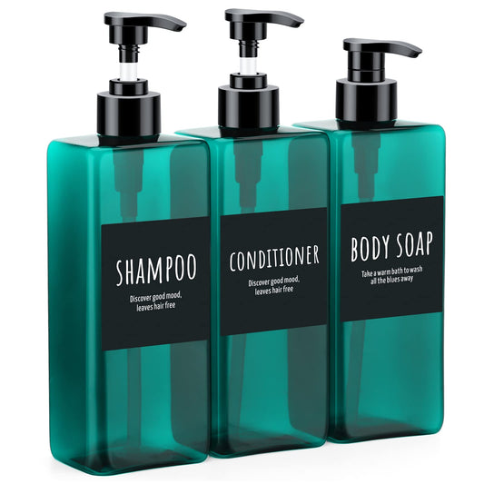 16.9oz Shampoo Conditioner Bottles, Segbeauty 3pcs 500ml Pump Press Dispenser with Labels, Empty Refillable Shampoo Body Soap Conditioner Gel Plastic