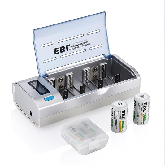 LCD Universal Battery Charger with 5000mAh Rechargeable C Batteries 4 Pack