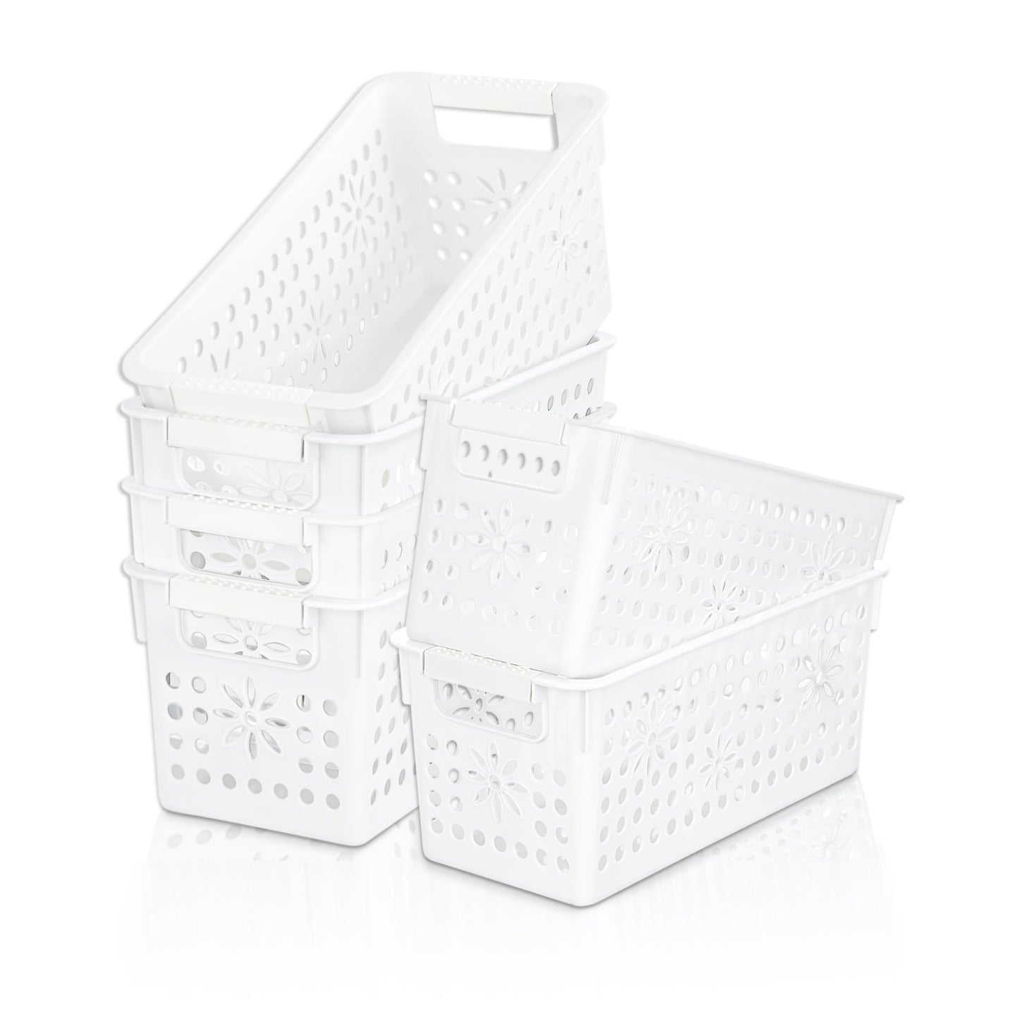 Cetomo Plastic Storage Box, Storage Baskets with Handle, Shelf Basket Organizer with Hole, Open Top Storage Bin for Home Kitchen Office, White