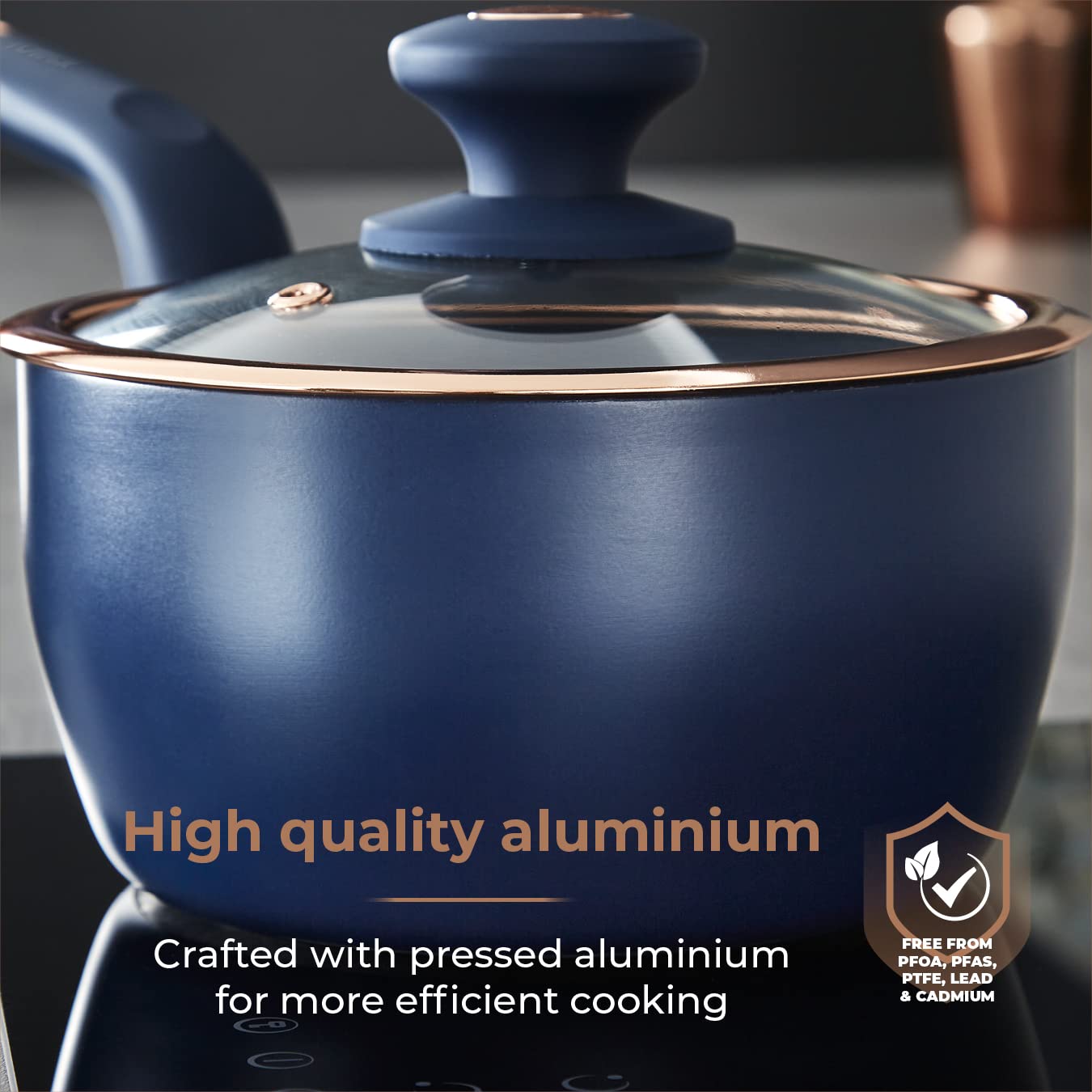Tower T800232MNB Cavaletto 5 Piece Cookware Set with 16cm, 18cm, 20cm Saucepans and 24cm, 28cm Non-Stick Frying Pans, Midnight Blue & Rose Gold