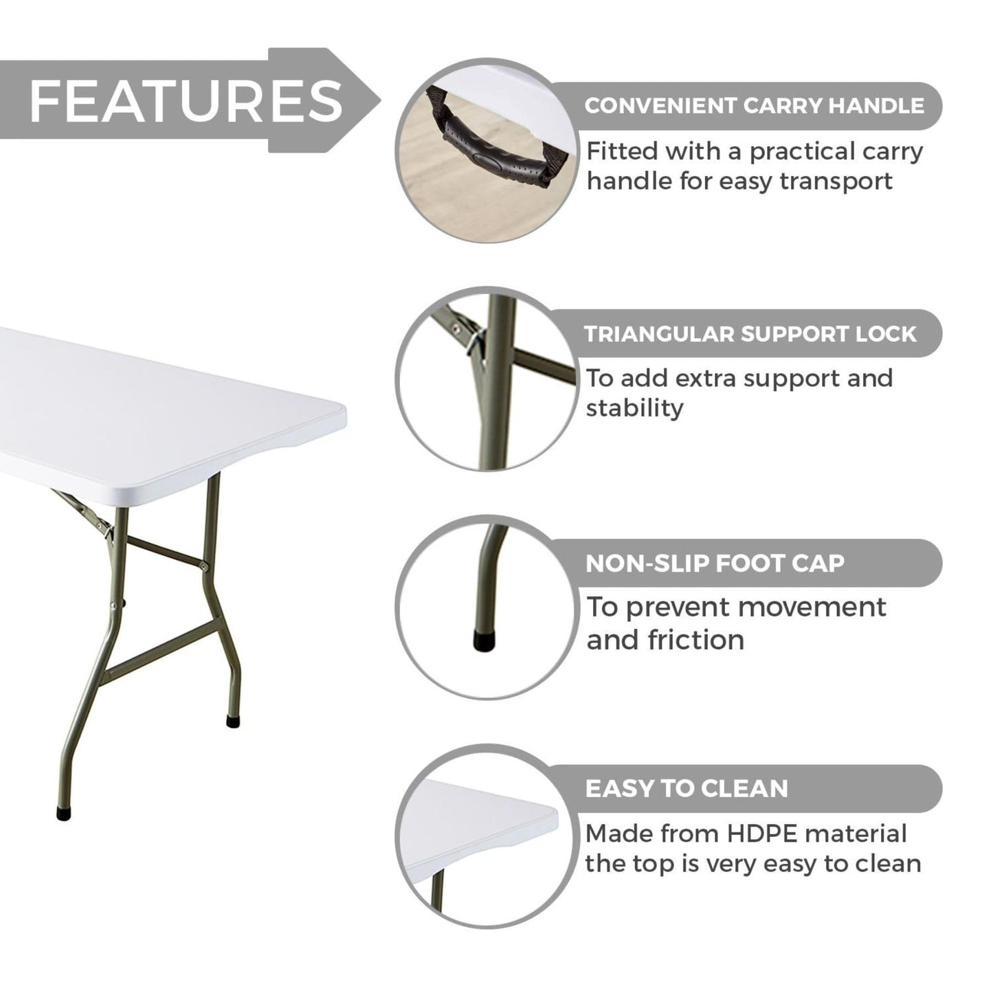 Home Source 6ft Folding Trestle White with Carry Handle Heavy Duty Table for Camping Catering BBQ Picnic Party