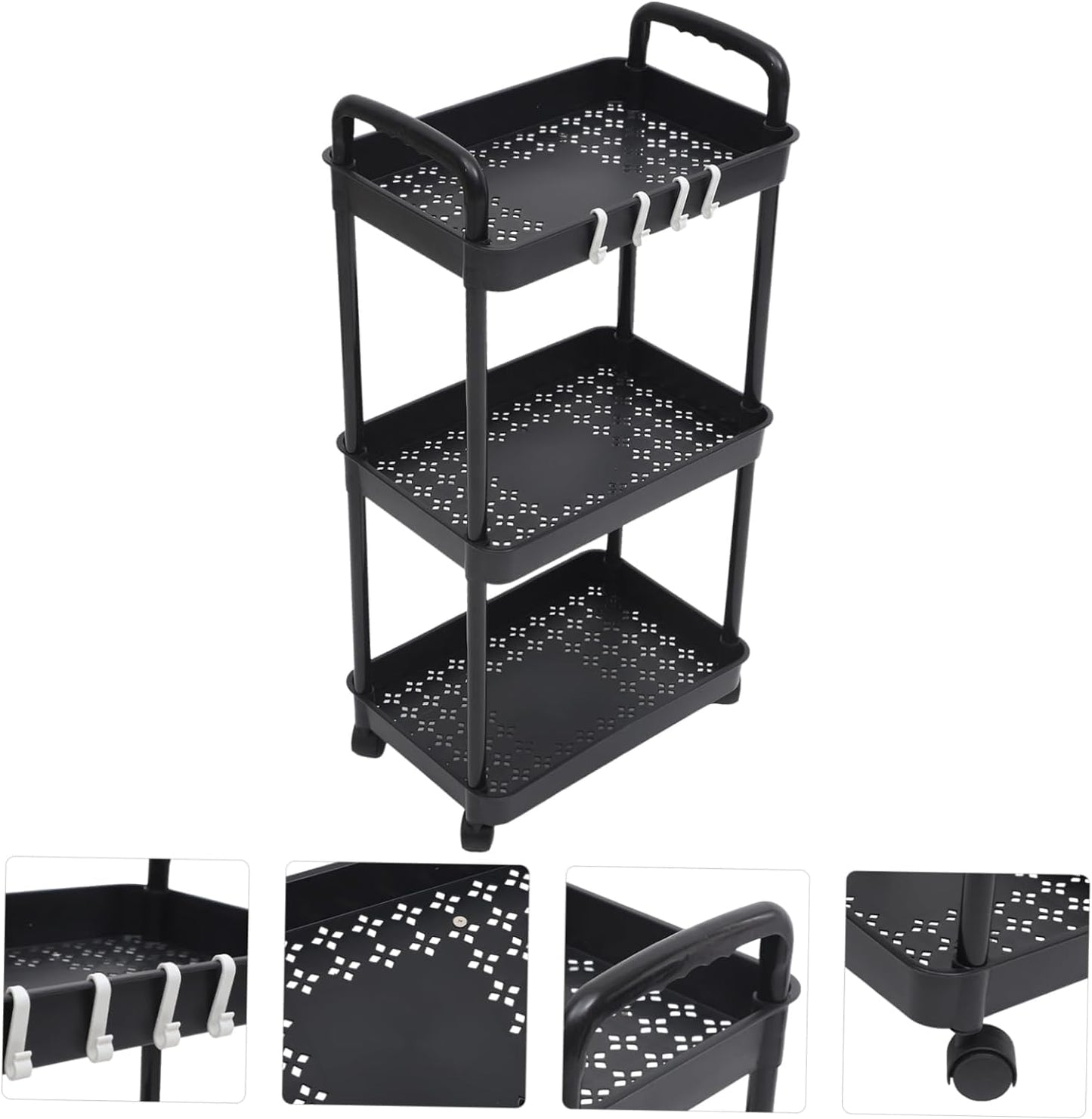 Multibao 3 Tier Storage Trolley Cart on Wheels Plastic Mobile Rolling Trolley For Kitchen Bathroom Laundry Rolling Rack L39 cm x W27 cm x H73 cm Black