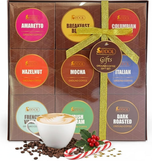 Ground Coffee Gift Set Christmas Hamper ? 9 Flavour Gourmet Selection Box for Coffee Lovers with Colombian Amaretto Hazelnut Vanilla Mocha Irish Cream