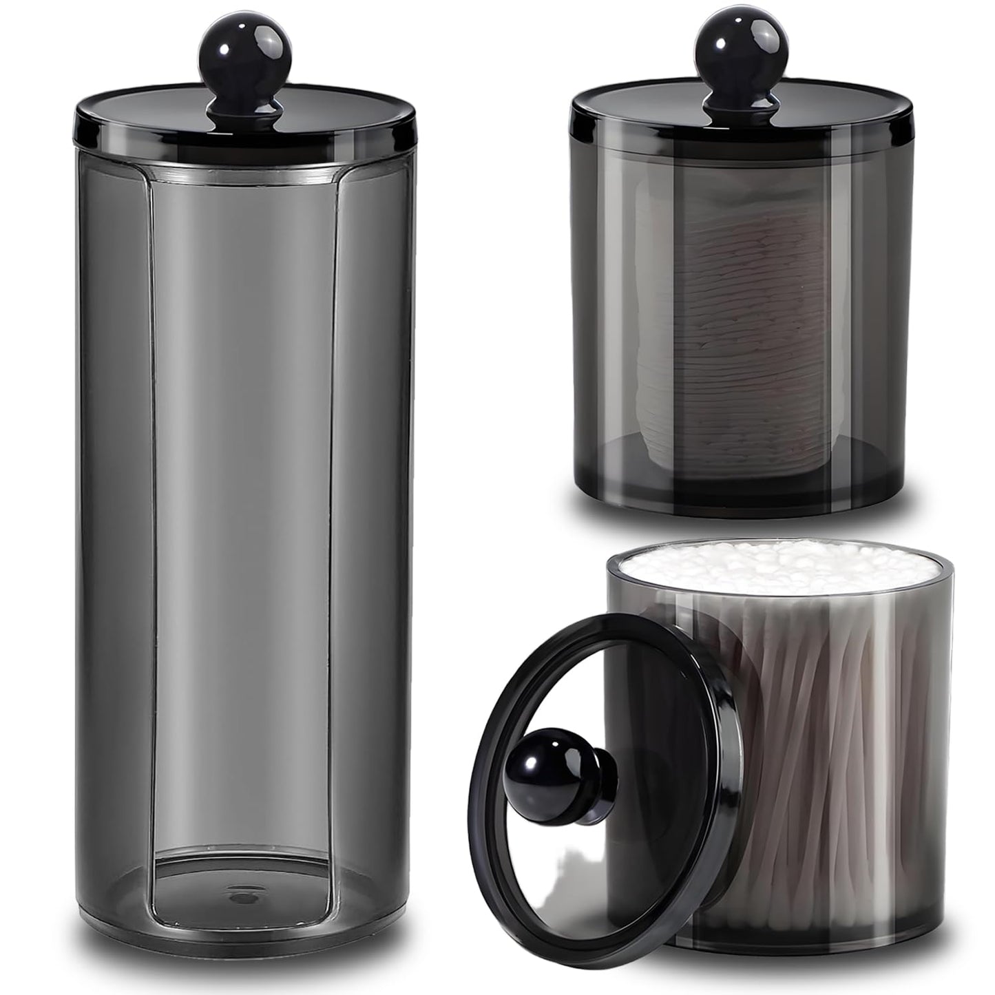 WUMUTI 3 PCS Cotton Pad Dispenser Cotton Bud Holder, Black Swab Holder, Bud Dispenser Jars with Lid, Bathroom Canisters Storage for Ball, Round Pad