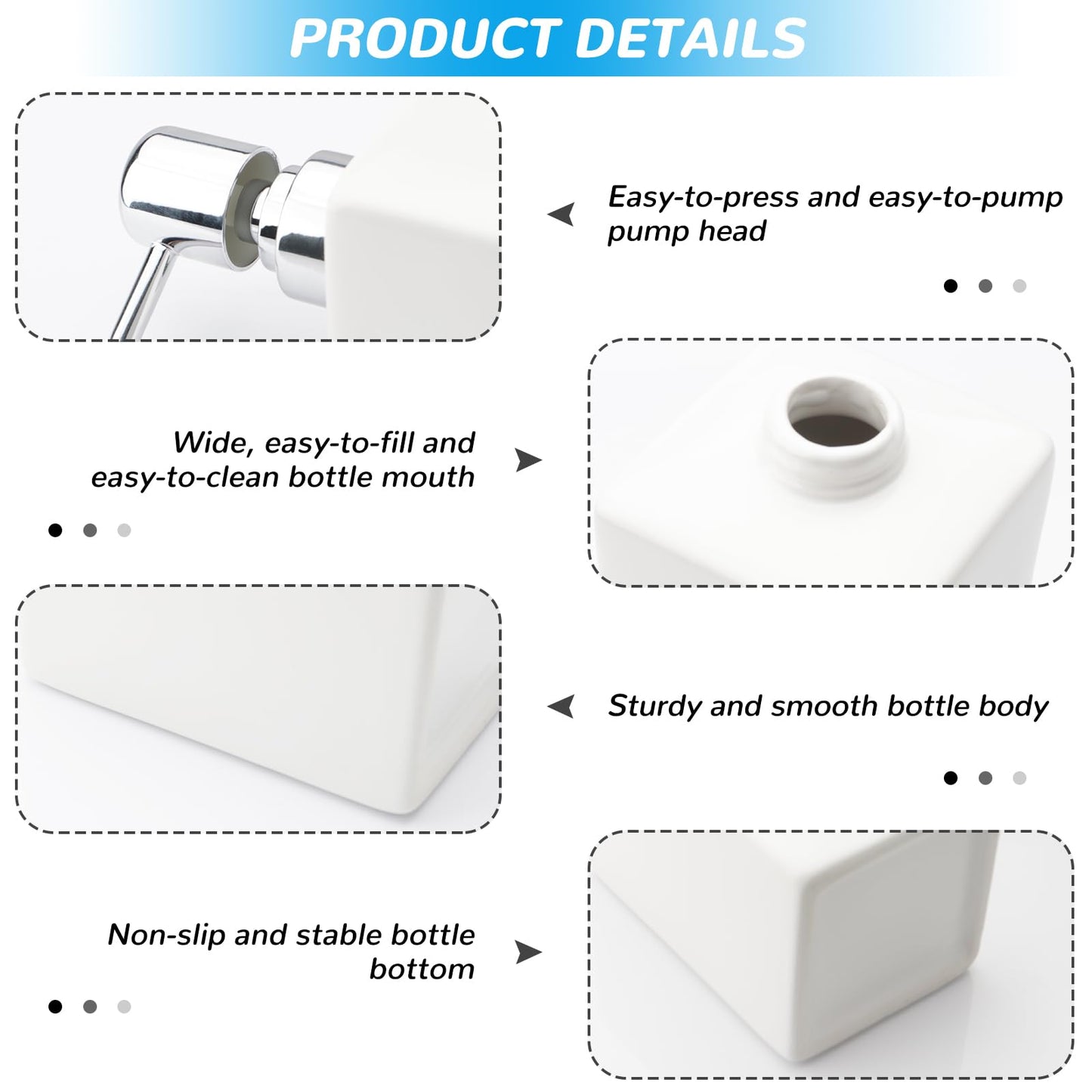 White Square Ceramic Soap Dispenser 320ml, Refillable Liquid Bottle with Anti‑Rust Long Spout Pump, Non‑Slip Base for Bathroom Vanity