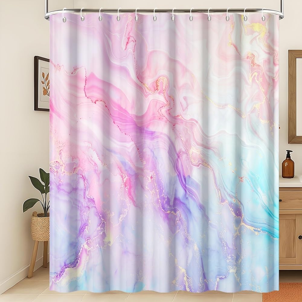 Xiaoterna Marble Shower Curtain Colorful Blue Pink Purple Gold Glitter Marble Shower Curtains Luxury Watercolor Ink Art Bathroom Curtains Washable