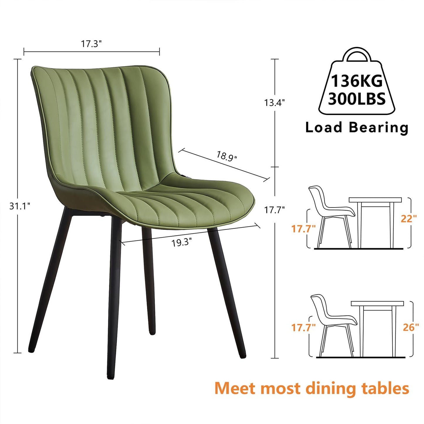YOUNIKE Dining Chairs Set of 2 Modern Kitchen Dining Room Chairs with Metal Legs, Armless Upholstered Faux Leather Accent Chairs with Backrest