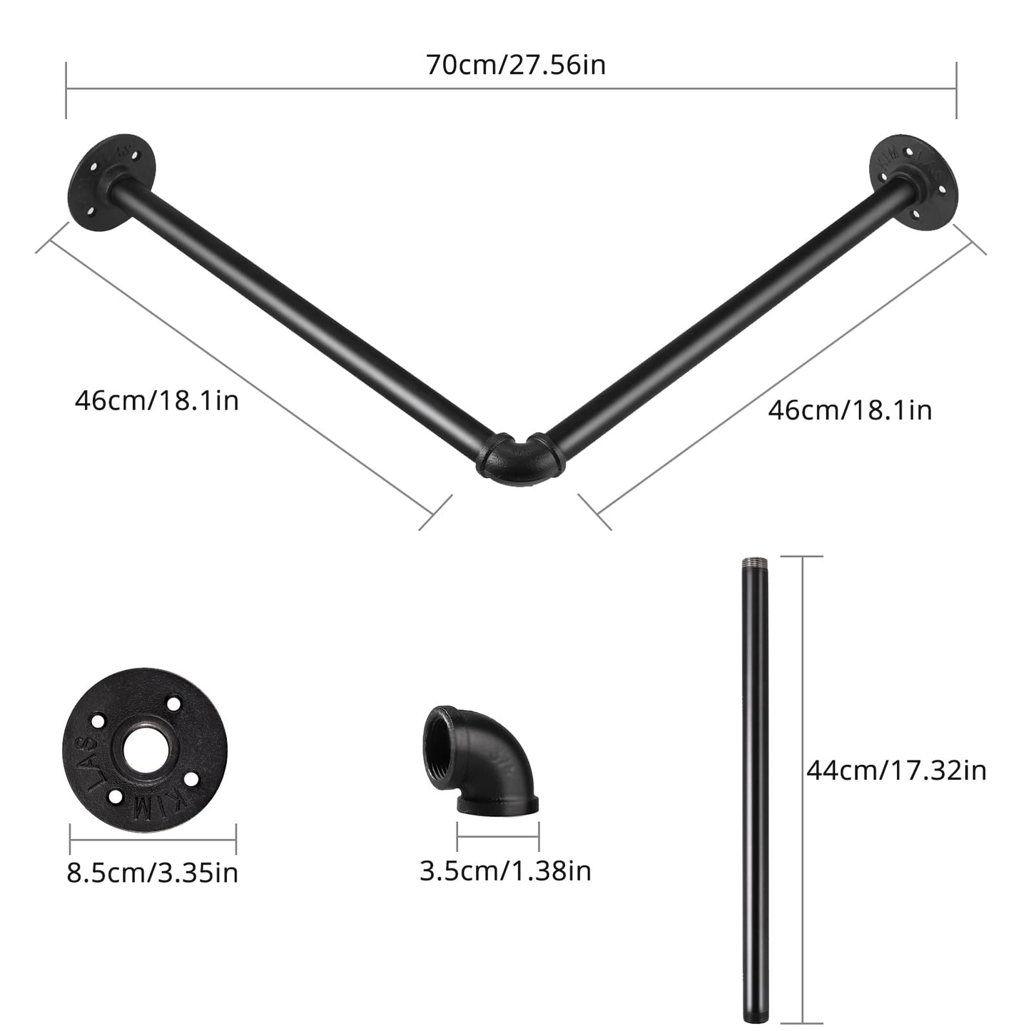 Tanice Industrial Tube Hanger Wall-mounted Right-angle 46cm, Detachable Retro Industrial Cylindrical Clothes Rail, Suitable For Bedroom, Living room