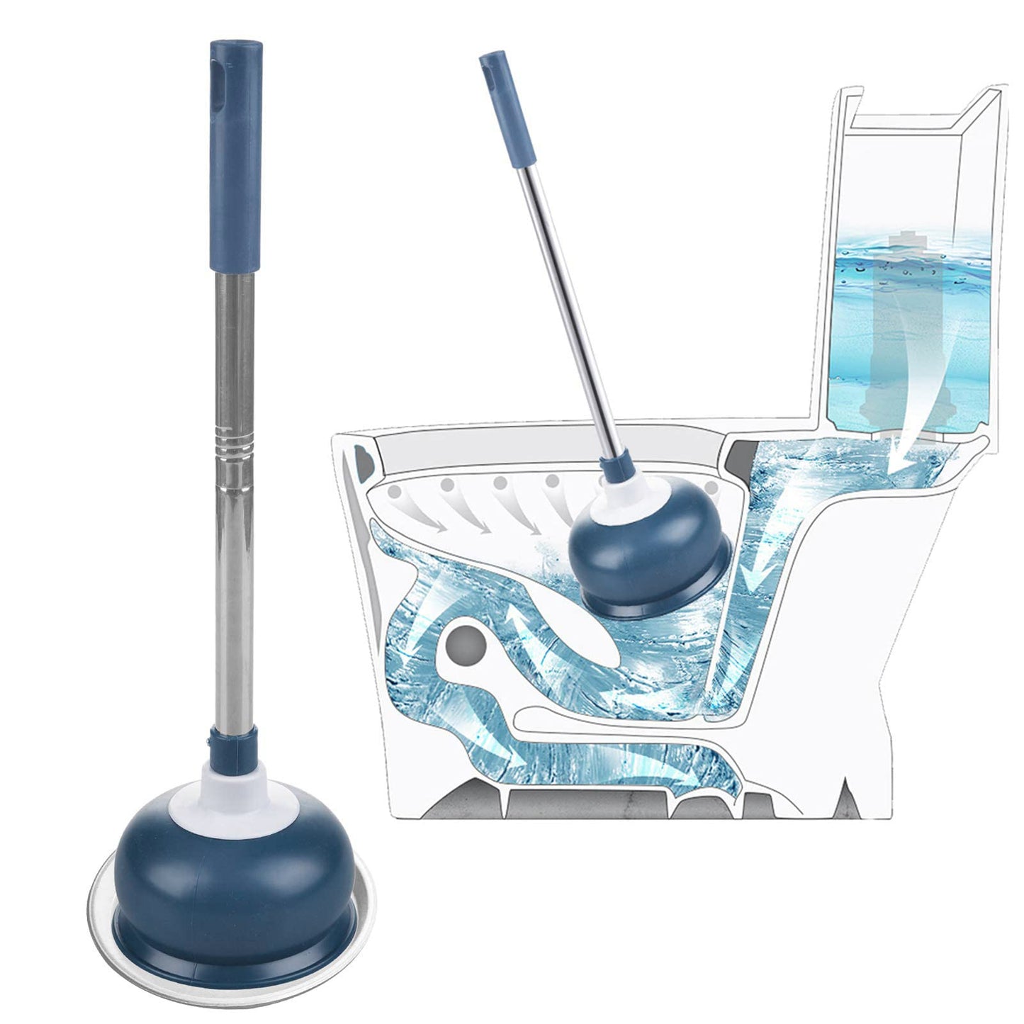 AUMUA Plunger Shower Unblocker, Rubber Plunger with 42cm Long Handle, Suitable for Unblocking Clogged Toilet/Sink Drain - Strong Suction (Blue)