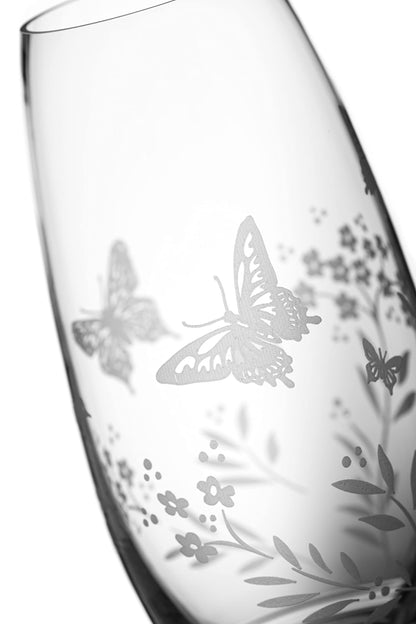 DIAMANTE 'Butterfly' Vase - Hand Etched Butterfly Wild Flowers Floral Pattern Barrel Vase - 25cm Clear
