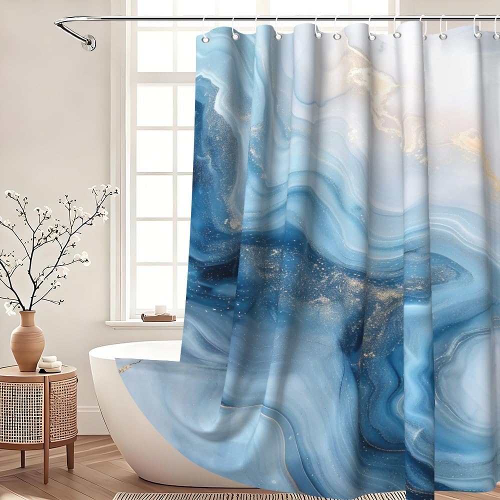 Xiaoterna Marble Shower Curtain Blue Marble Shower Curtain Modern Abstract Blue Gold Marble Waterproof Bathroom Curtain Modern Luxury Art Shower