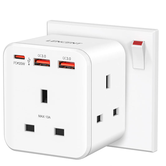 LENCENT 3 way plug adaptor with 3 Fast Charge USB, 6-in-1 Cube Multi Plug Extension with PD&QC 3.0 20W USB Wall Charger, Plug Extender for Home,