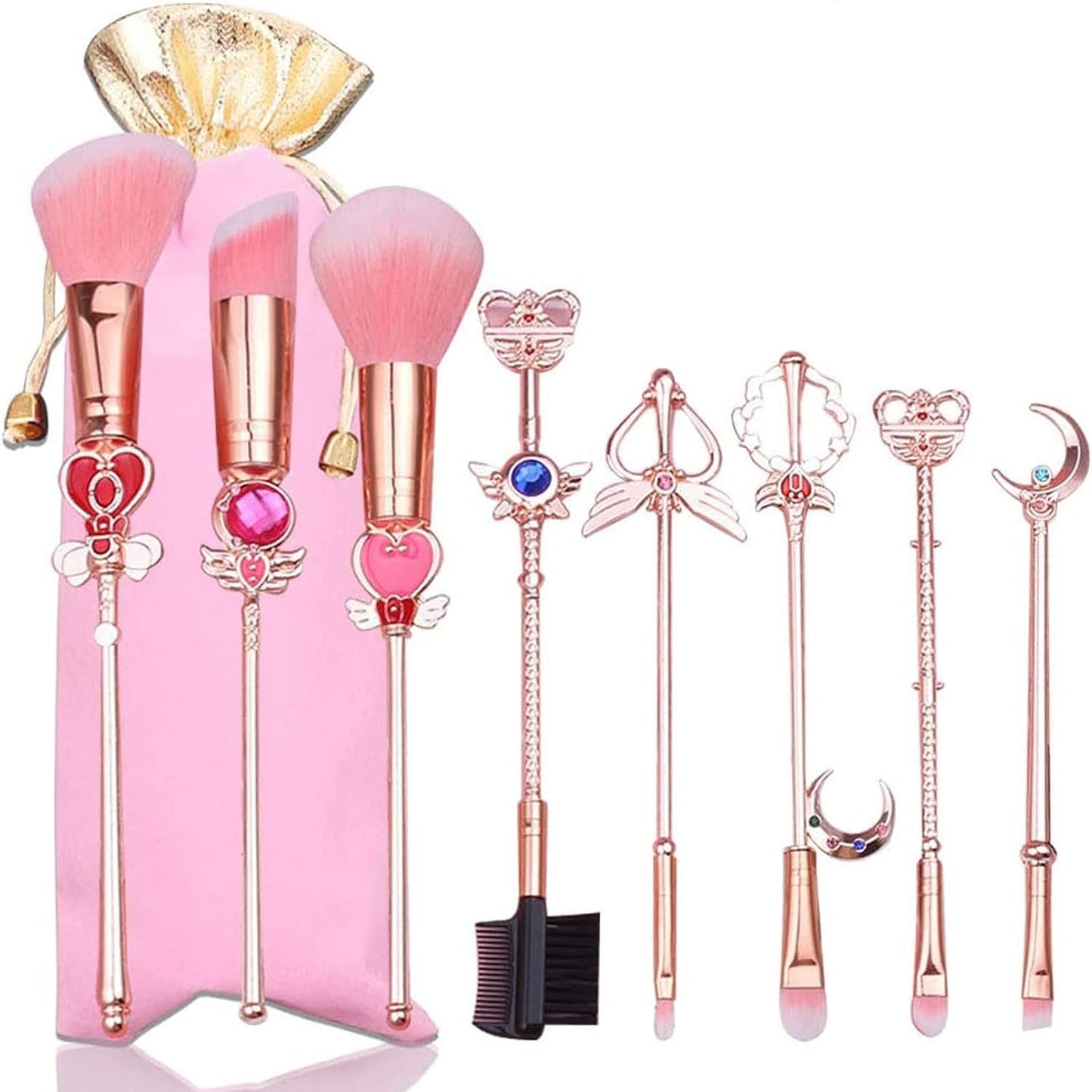 Makeup Brushes Set Moon, Kawaii Cosmetic Brushes Pink Portable Make up Brushes Basic Set with Storage Bag Novelty Gift for Girl Women (Style B)