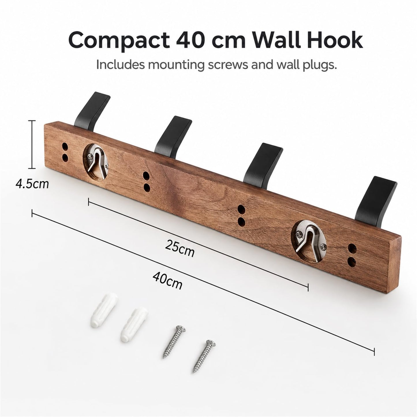 Trlyane Wooden Wall-Mounted Coat Rack - 4 Black Heavy-Duty Coat Hooks, 40cm