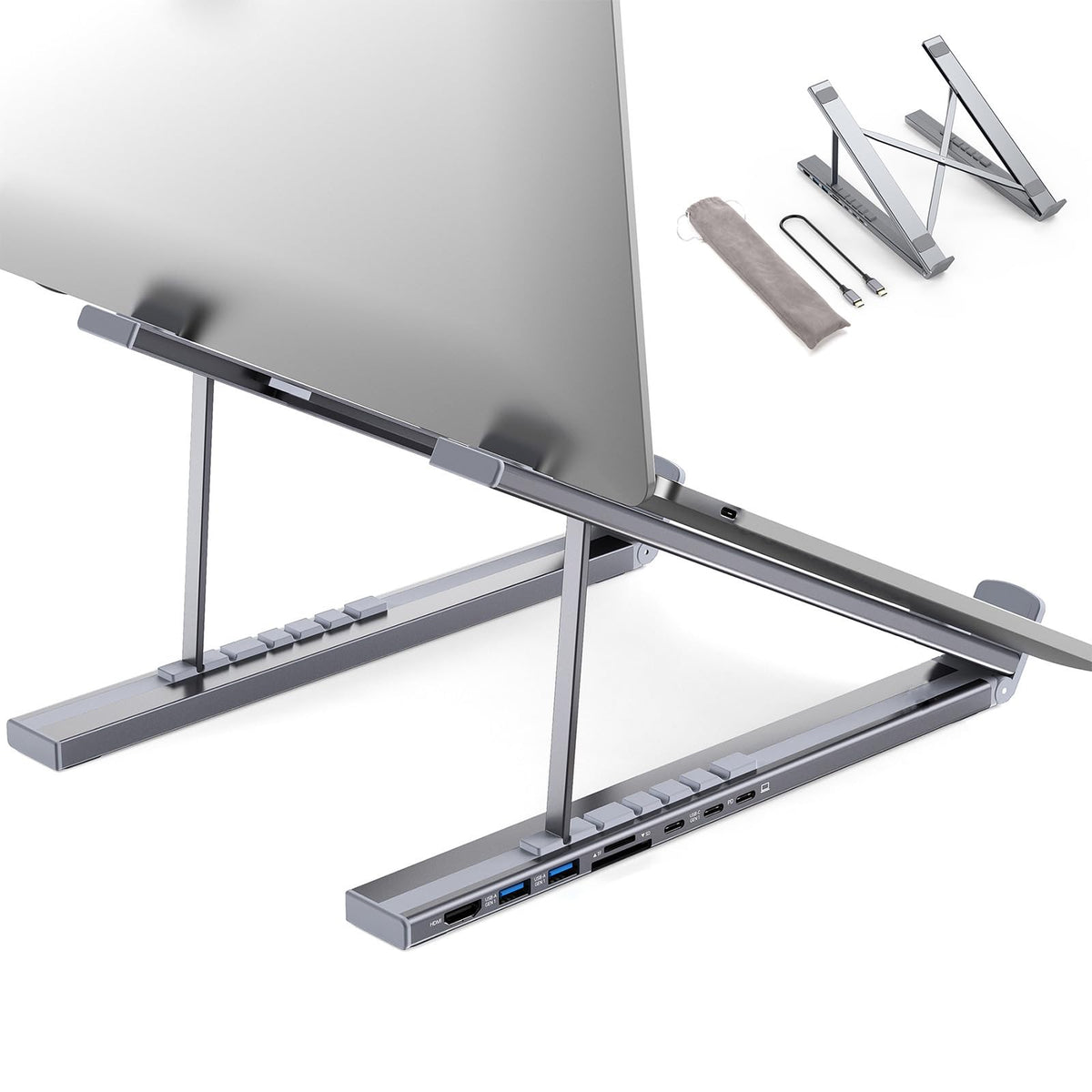 LICHIFIT Aluminum Alloy Laptop Folding Stand for Desk, Portable Foldable Tablets Mount with 8-in-1 Multi-Interface Expansion Dock Hub Multi-Angle