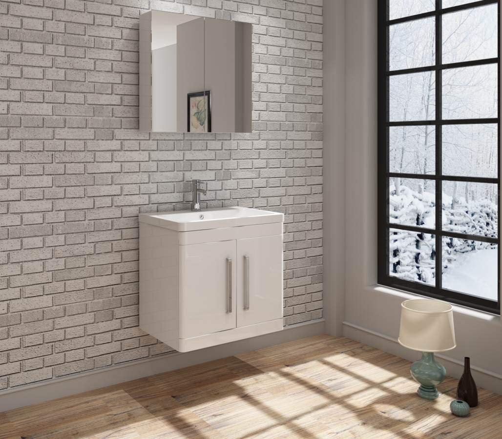VeeBath ORI-WH60-WH Ceti Wall Mounted Hung Double Door Vanity Basin Cabinet Furniture Unit & Polymarble Sink-600mm, White