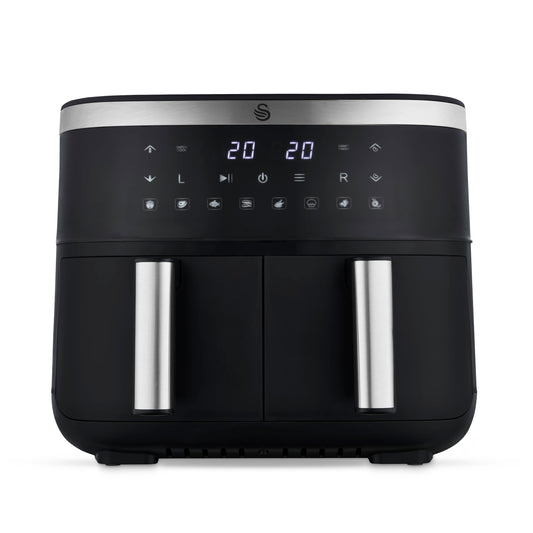 Swan SD10518BLK Dual Basket Digital Air Fryer with Swan Cyclone Technology, 8 Pre-Set Cooking Options, Adjustable Temperature, 7.6L, 2850W, Black