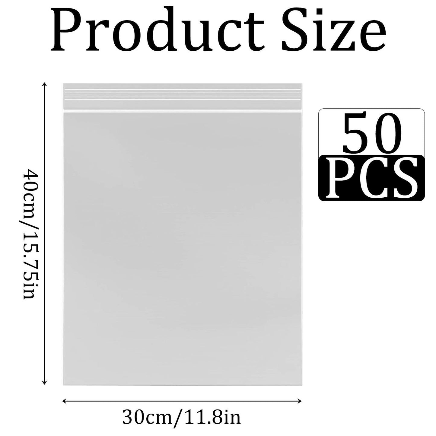 X-YSUNEAS 50 PCS Resealable Clear Plastic Bags 30x40cm Ransparent Gripseal Bags Sealed Storage Pouches for Shoes Clothing Quilts Supplies(no holes)