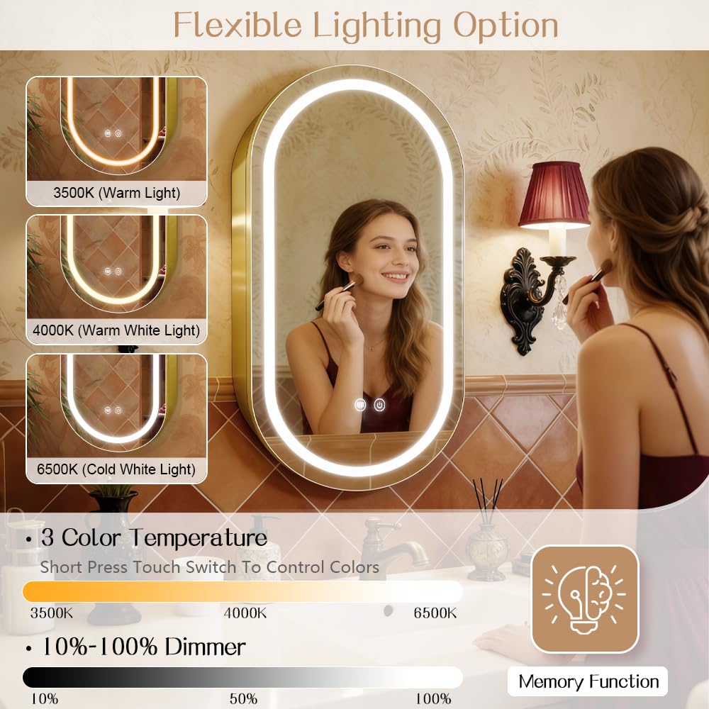 Janboe Oval Mirror Cabinet with Light,41×71cm,3 Colors&Dimmer,Defogger,Internal LIghting,Powerer Coating Iron,USB Shaver Socket,Gold