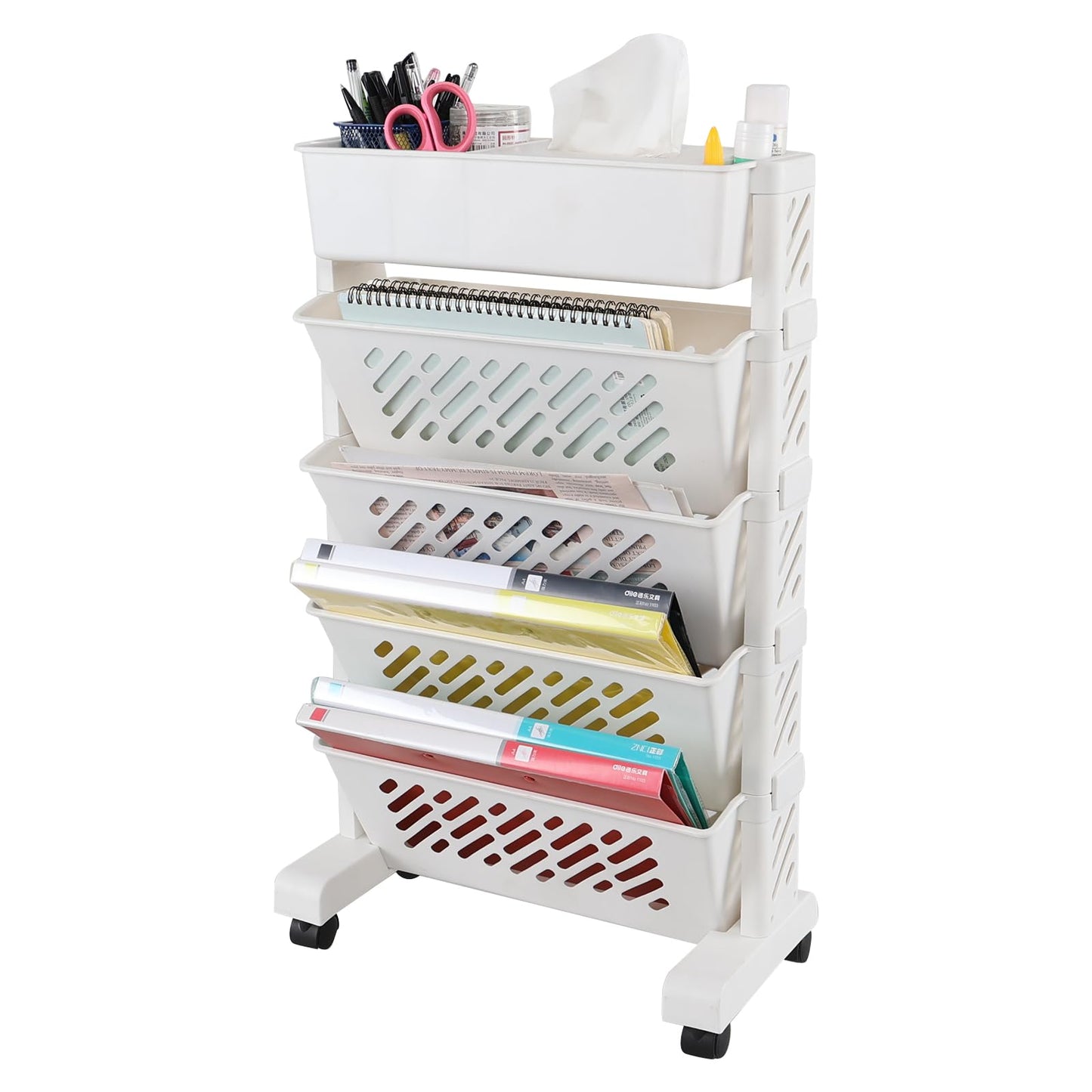 Aninhao Plastic Rolling Bookshelf, 5-Tier Small Movable Bookcase with Wheels, White