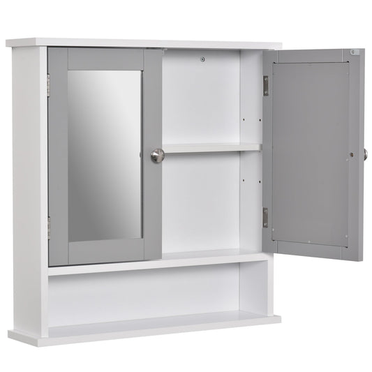 kleankin Mirror Cabinet Wall Mounted with Double Mirrored Doors, Hanging Cabinet with Cupboard and Shelf, Bathroom Wall Storage Organiser, Grey