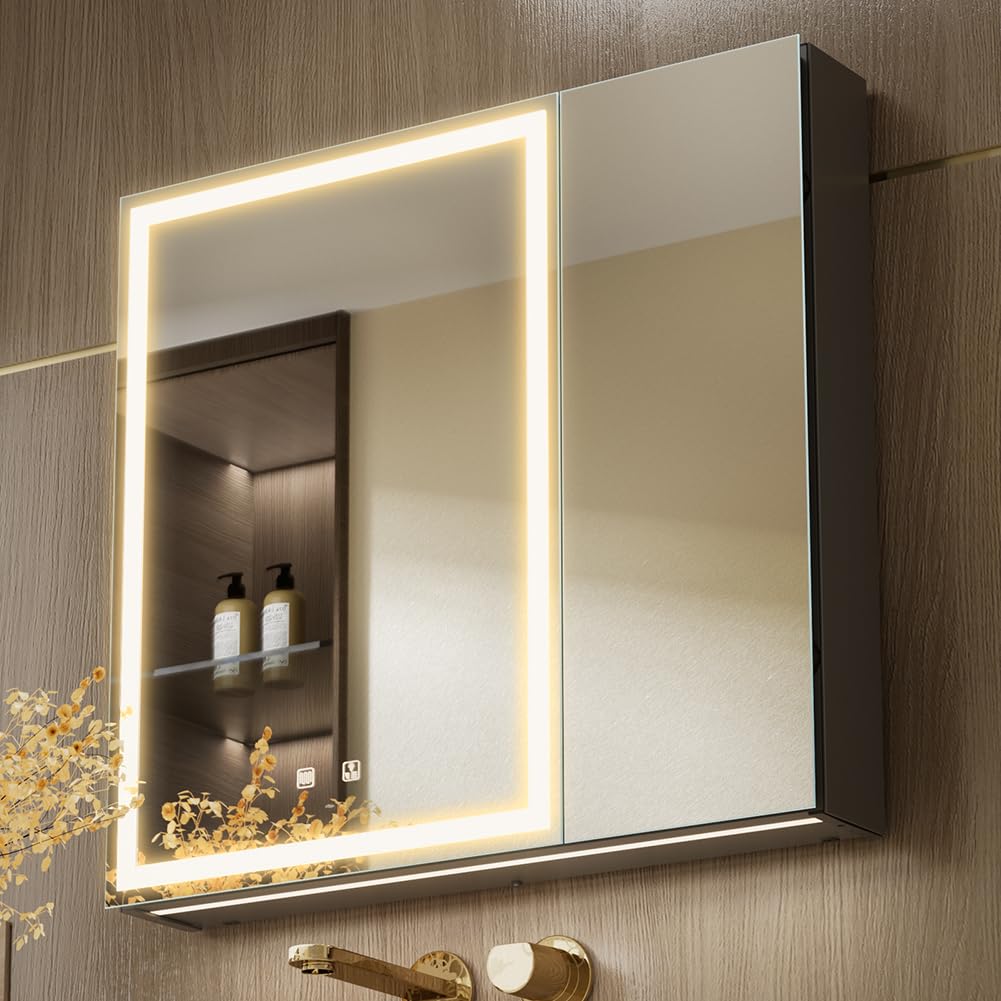 KWW 75 x 70 cm Two Doors Aluminum LED Bathroom Medicine Cabinet with Mirror
