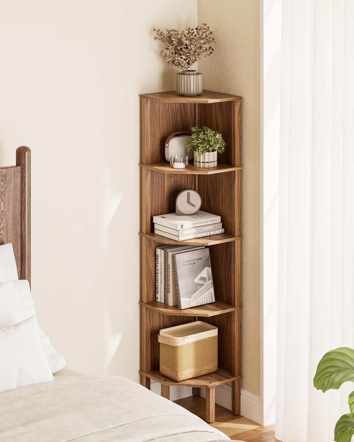 Apetaccat Corner Shelf, 4 Tier Corner Modern Corner Bookshelf, Display Corner Bookshelf,Wooden Storage Rack for Living Room,Bedroom,Office,Walnut