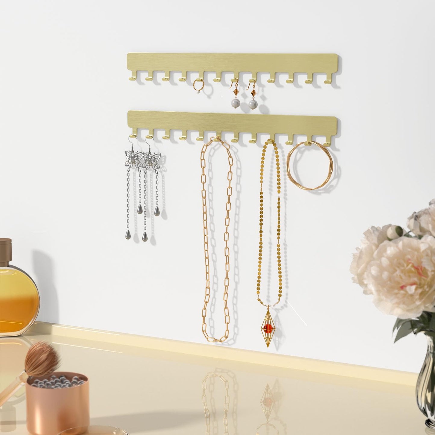 Josmimic Wall Necklace Organizer Holder: Wall Mounted Jewelry Hanging Storage Necklaces Display Hanger Gold 2 PCS