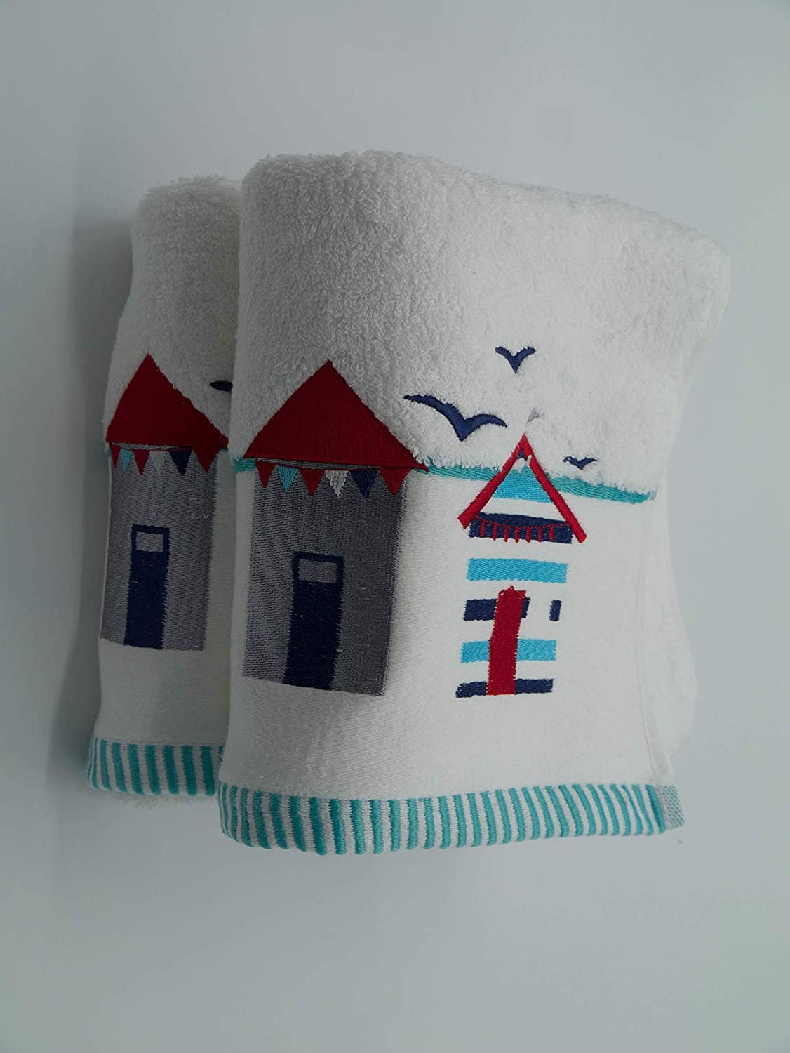 Lex's Linens Pack of 2 Beach Hut & Birds Embroidered Bath Towels