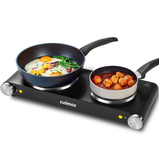 Double Hot Plate, CUSIMAX Electric Burner, 2500W Portable Electric Hob Hot Plates for Cooking With 2 Cast Iron Rings, Table Top Hob With Heating