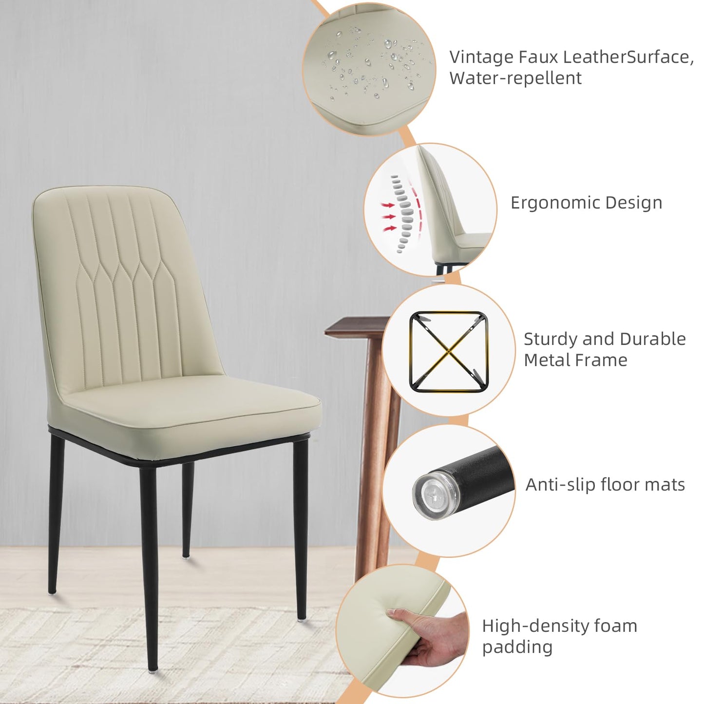 Durrafy Dining Chairs Set of 2 - Off-White Upholstered High Back Kitchen chair with Non-Slip Metal Legs