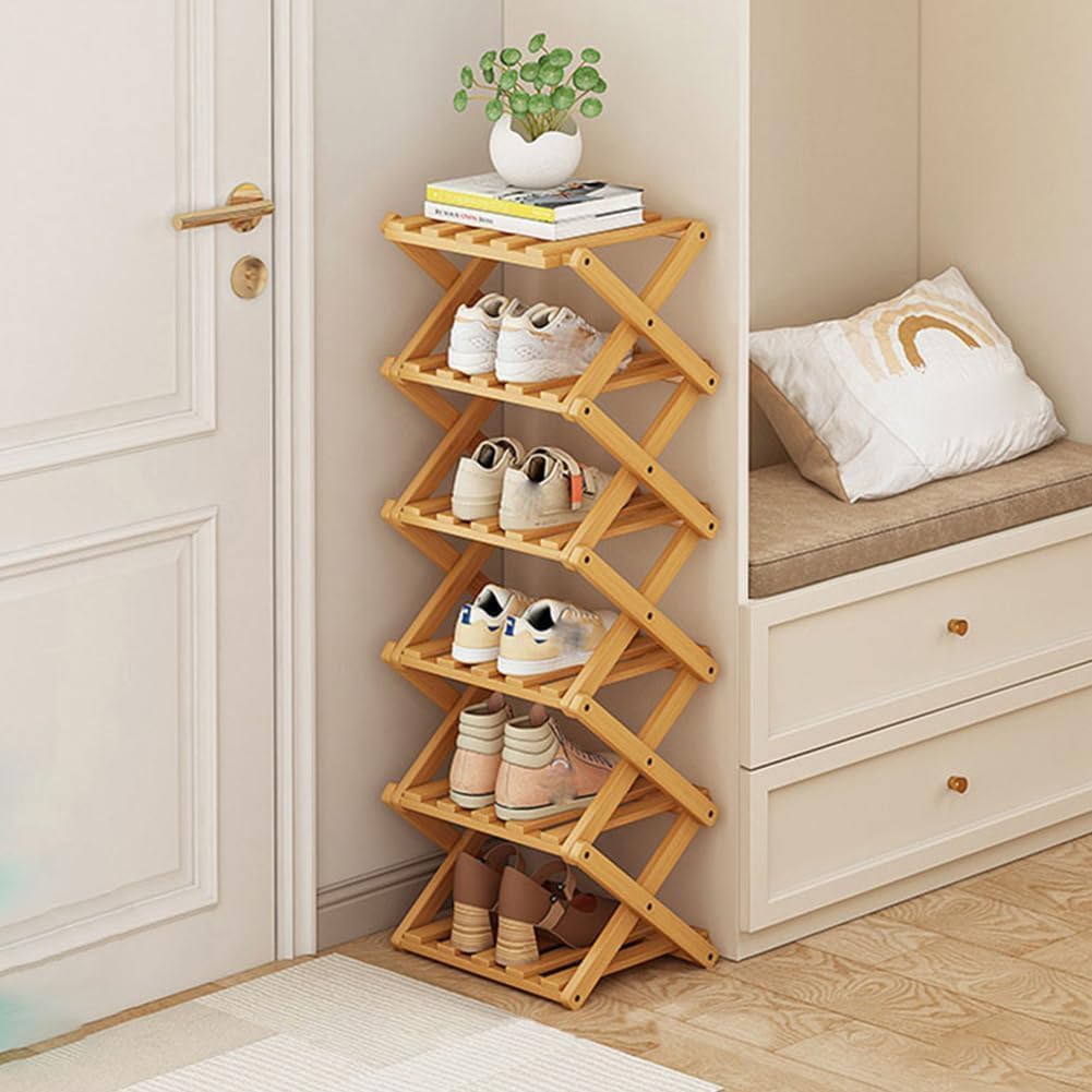 YYW Shoe Rack, Foldable Bamboo Shoes Shelf, Freestanding Shoe Storage Organiser for Entryway, Hallway, Bedroom, Closet, Natural Shoe Rack