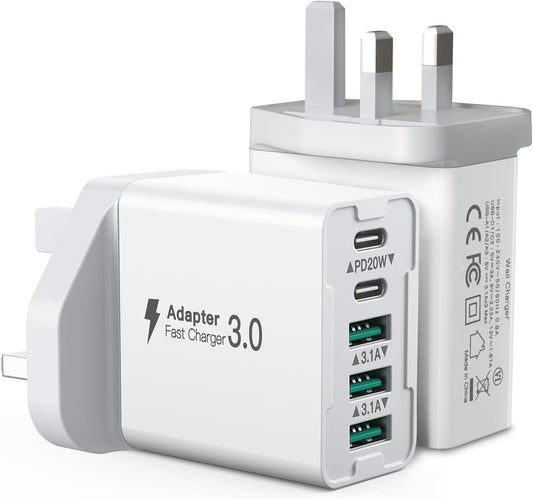 [2 Pack] USB C Plug, 50W 5-Port Fast Charger Plug UK Type C PD Power Adapter Wall Charger Block Compatible with iPhone 16/15/14/13/12/11/Galaxy S24