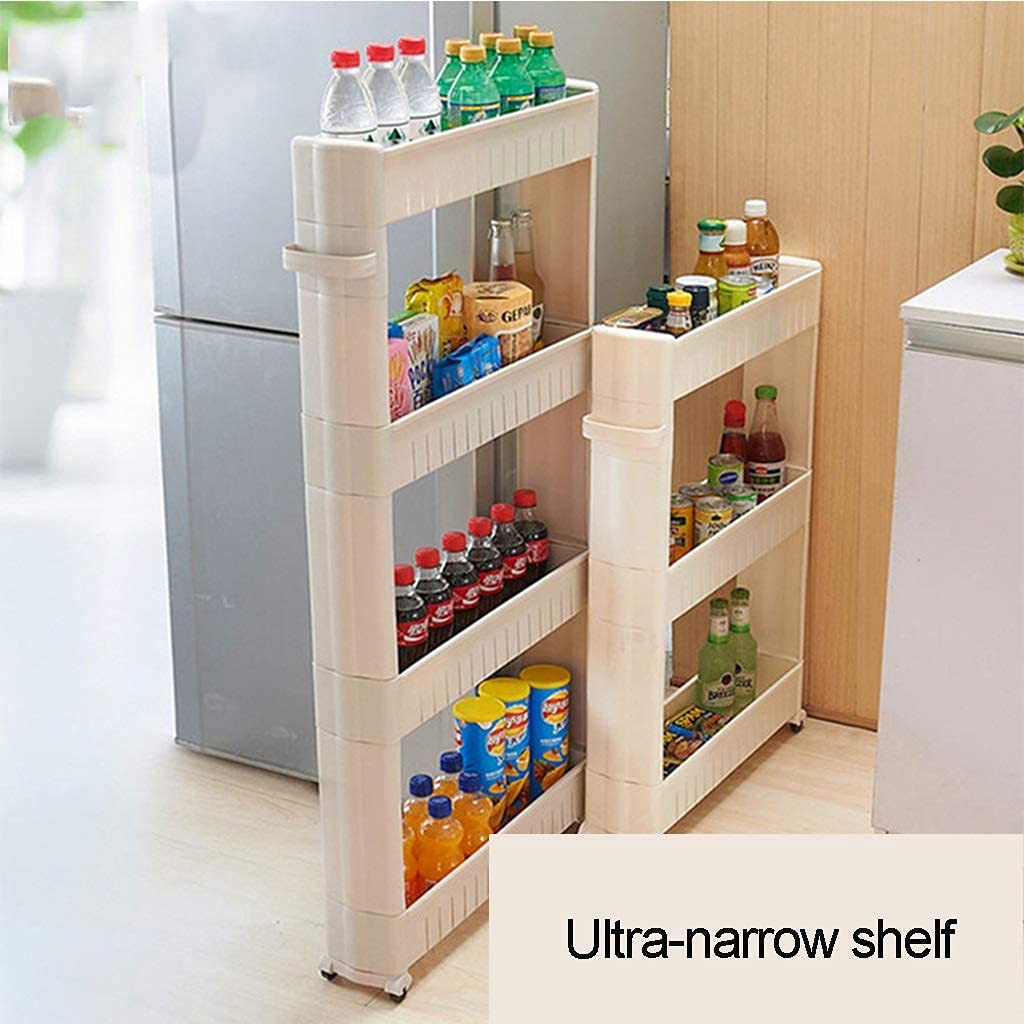 10cm Wide Kitchen Cart, White Shelving Unit, Storage Trolley with Wheels for Kitchen Bathroom Office Laundry, with Handles, with Extra Hooks