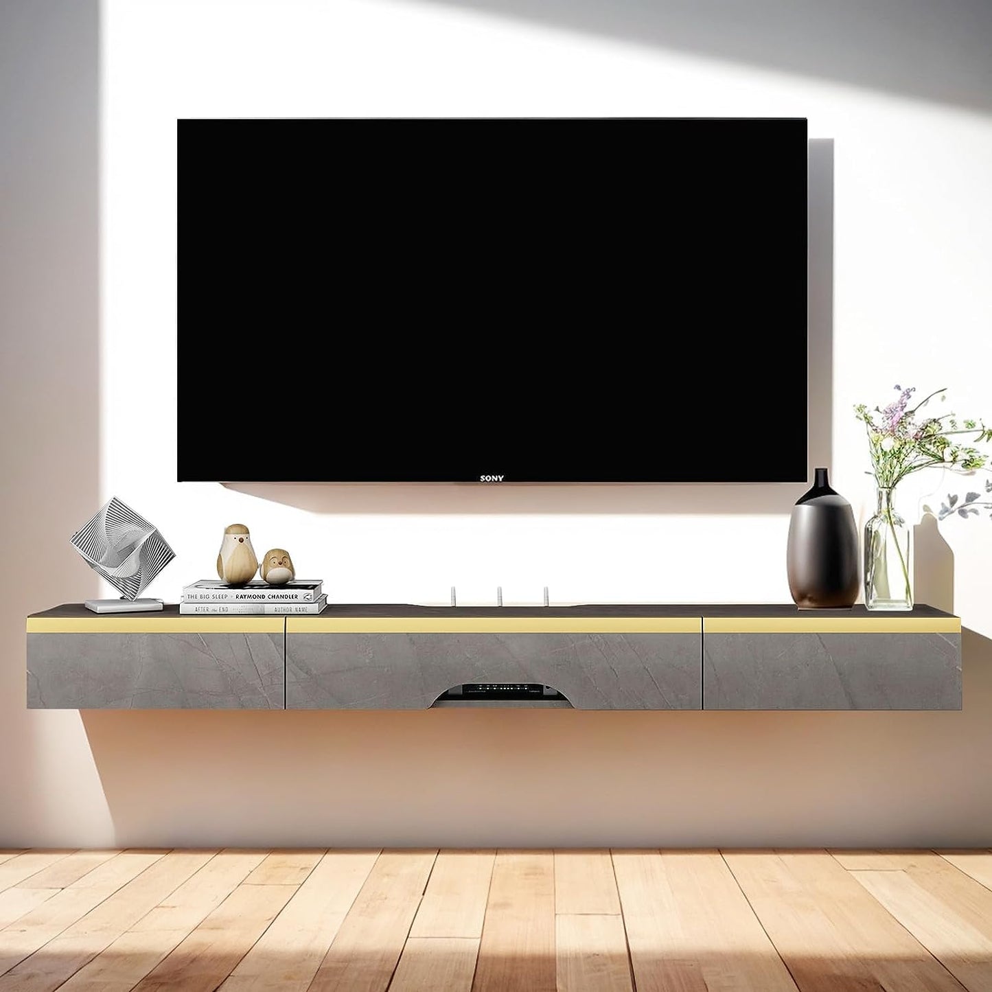 Pmnianhua Floating TV Unit, 59'' Wall Mounted TV Cabinet, Floating Shelves with 2 Drawers and 1 Door