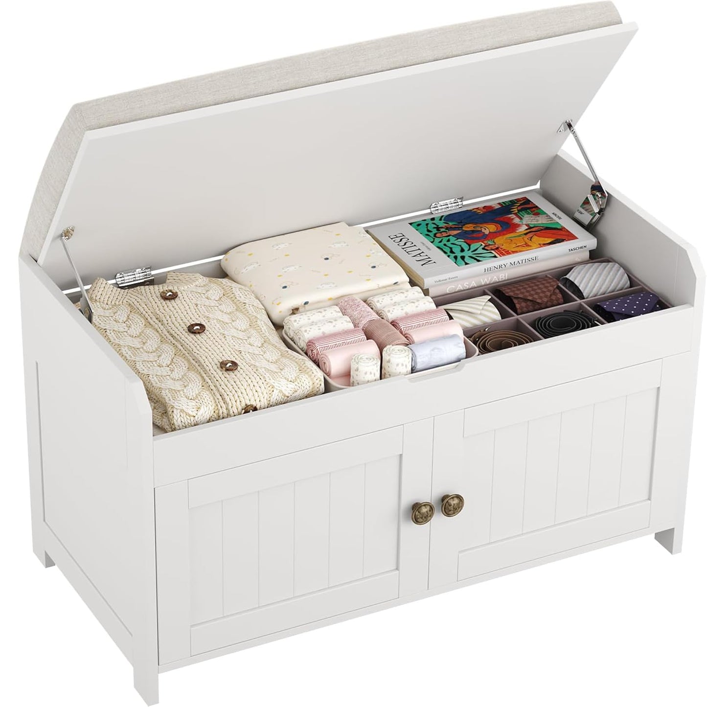 HOME BI Shoe Bench, Storage Bench with Padded Seat Cushion, Bench with 2-Door Storage Cabinets,Shoe Cabinet for for Entry, Bedroom, Cloakroom