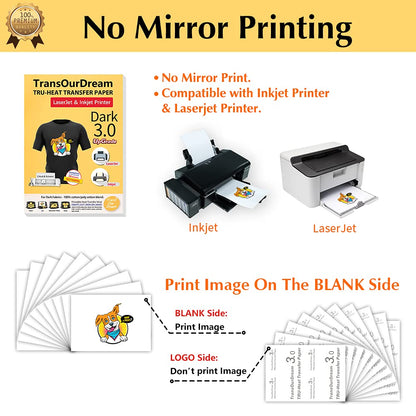 TransOurDream Tru-Transfer Paper Upgraded 3.0 100 Sheets A4 for Inkjet&Laser Printer Iron on Heat Transfer Paper for Dark Fabric Transfers for Black