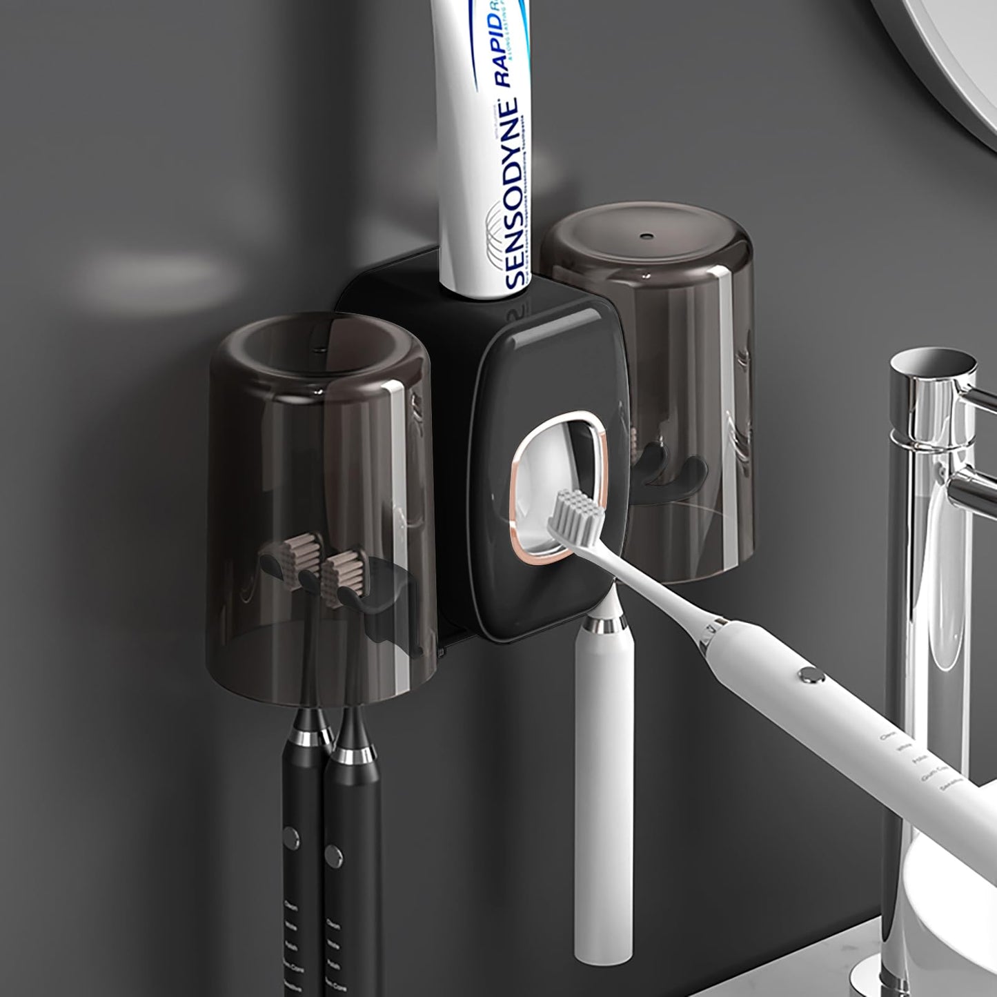 Braozaiw toothbrush holder wall mounted, toothpaste dispenser, electric toothbrush holder, With 4 Brush Slots 2 Cups No Drilling Required (Black)