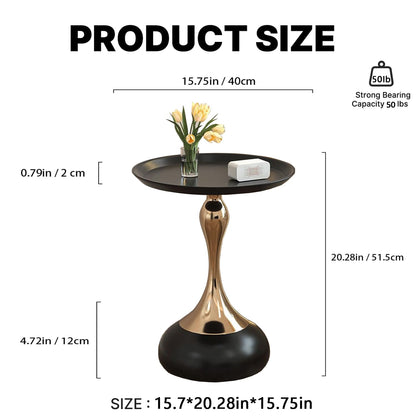 Modern Round Side Table with Gold Pedestal Base, Black Metal Top, Accent End Table for Living Room 黑色
