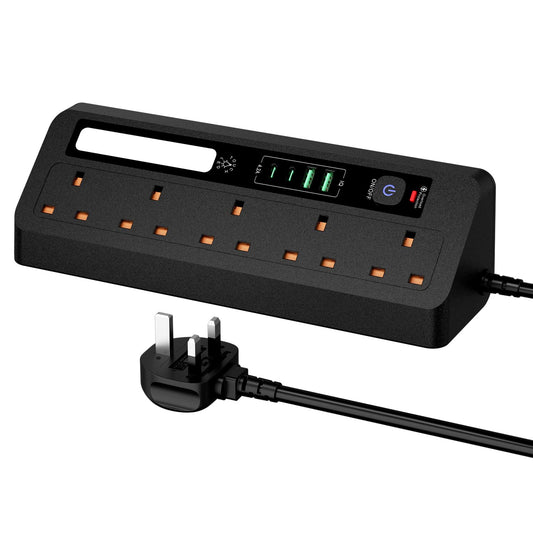 Extension Lead with USB Slots 5 AC Way Outlets, 3M/9.84FT Power Strip With Touch Nightlight,2 USB+2Type-C Slots Charging Surge Protected Electrical