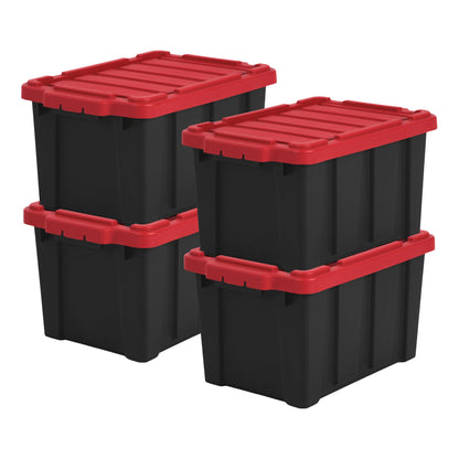 Iris Ohyama, Garage Storage Boxes, Plastic Storage Box with Lids, Closing Clips, 21L/4Pack, BPA Free, Red Lid, W44.5 x D29 x H25cm, DDSKT-210