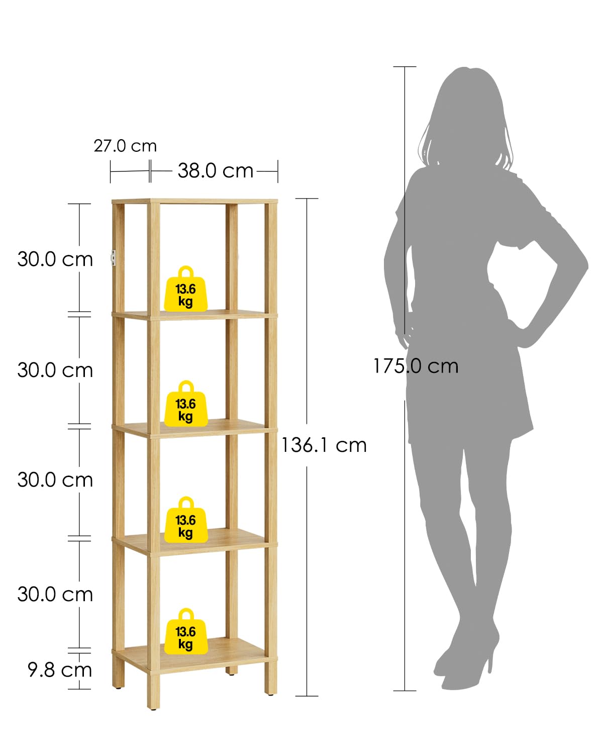 Apetaccat Book Shelf, 6 Tier Tall Bookshelf, Narrow Bookcase with Open Shelves, 38 x 27 x 167CM, Book Shelves for Living Room, Office, Study, Oak