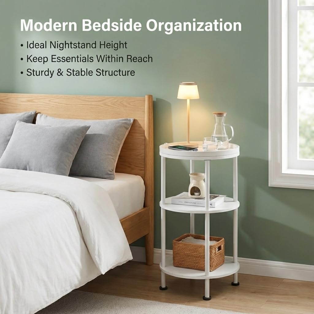 YEAKOO Small White Side Table, Round End Table with Wood Grain Texture, 3-Tier Farmhouse Nightstand for Bedroom & Living Room
