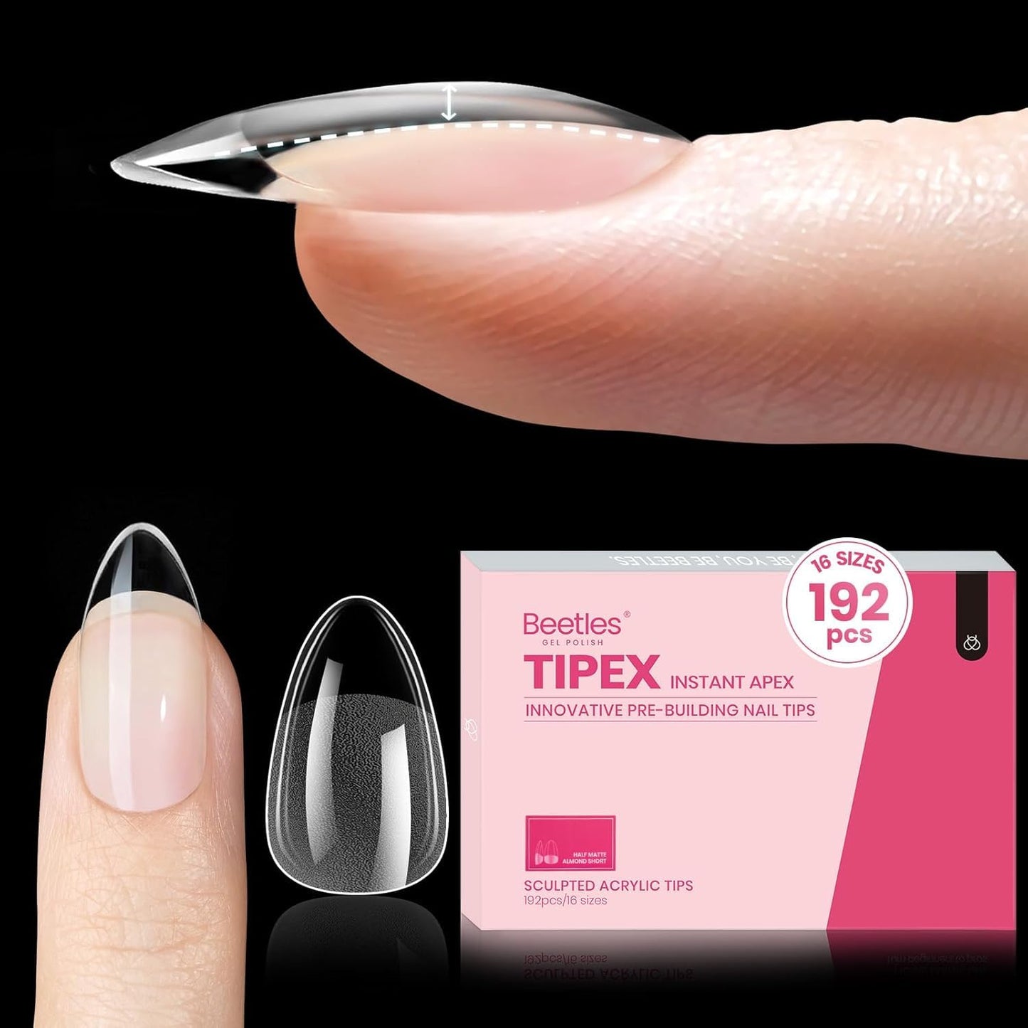 Beetles Tipex Instant Apex Nail Tips Almond Short-Pre-Building & Pre-Etched Strong Thick Acrylic,16 Sizes,192 Pieces