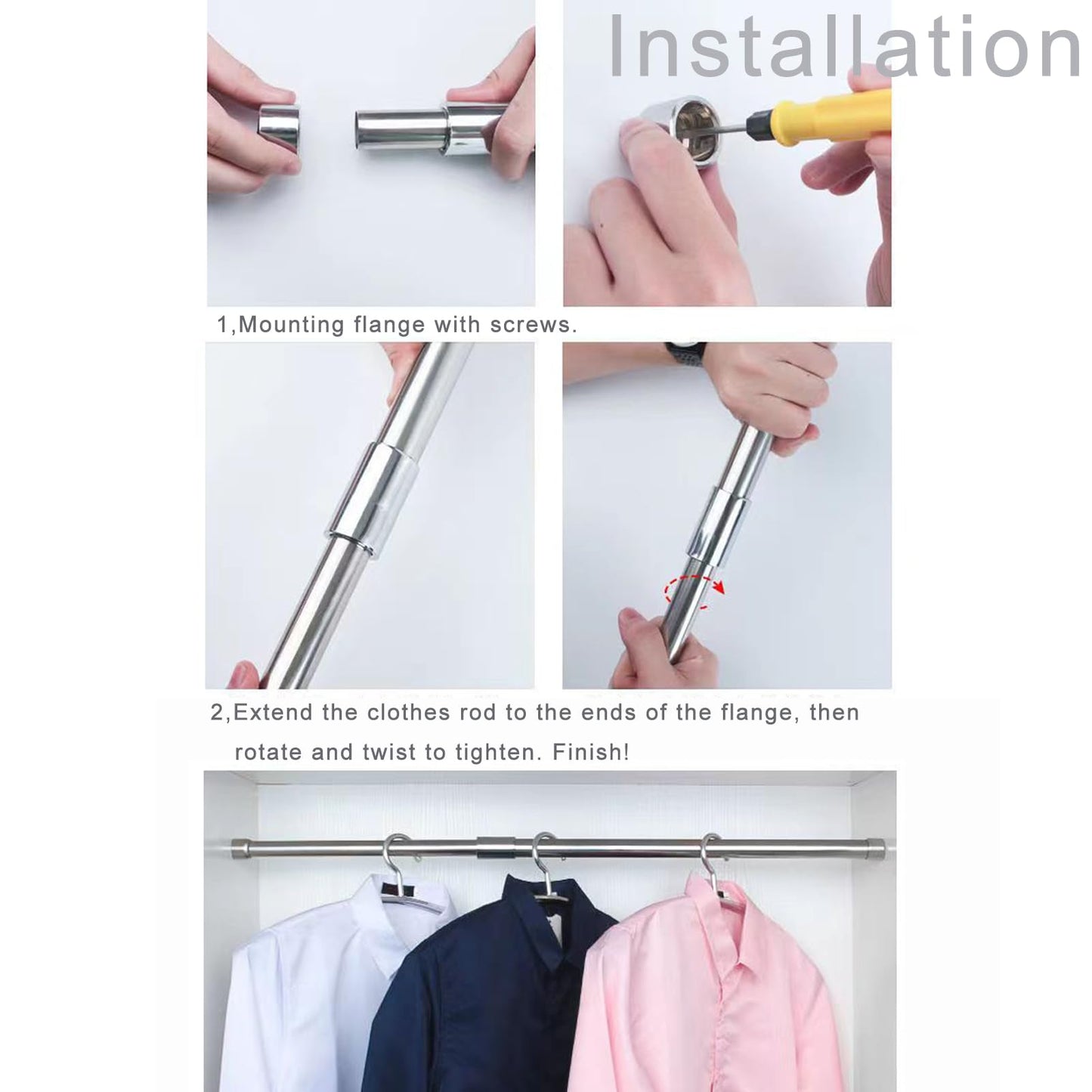 GSHUR 40-65cm Extendable Wardrobe Rail, Stainless Steel Clothes Rail Pole with Screws, Adjustable Wardrobe Rail for Wardrobe, Shower, Balcony, Windows