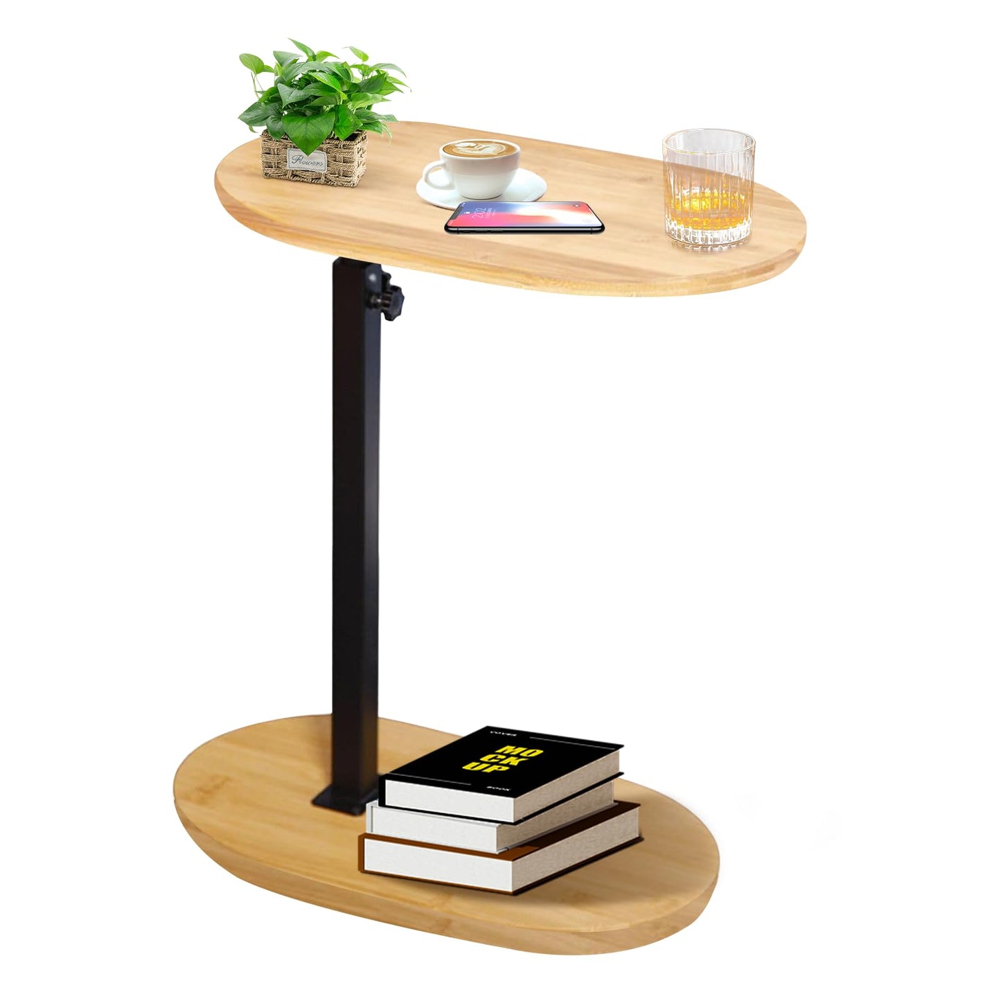 KUKKUME C Shaped Side Table Height Adjustable Sofa Table Over Bed Table Bamboo & Metal Under Sofa Table for Living Room Bathroom Couch Bedroom