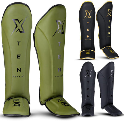 XTEN SPORTS Shin Guards Muay Thai, MMA, Gel Integrated Padding, Training Sparring, Boxing, Kickboxing, BJJ, Taekwondo Protective Gear, Olive Green