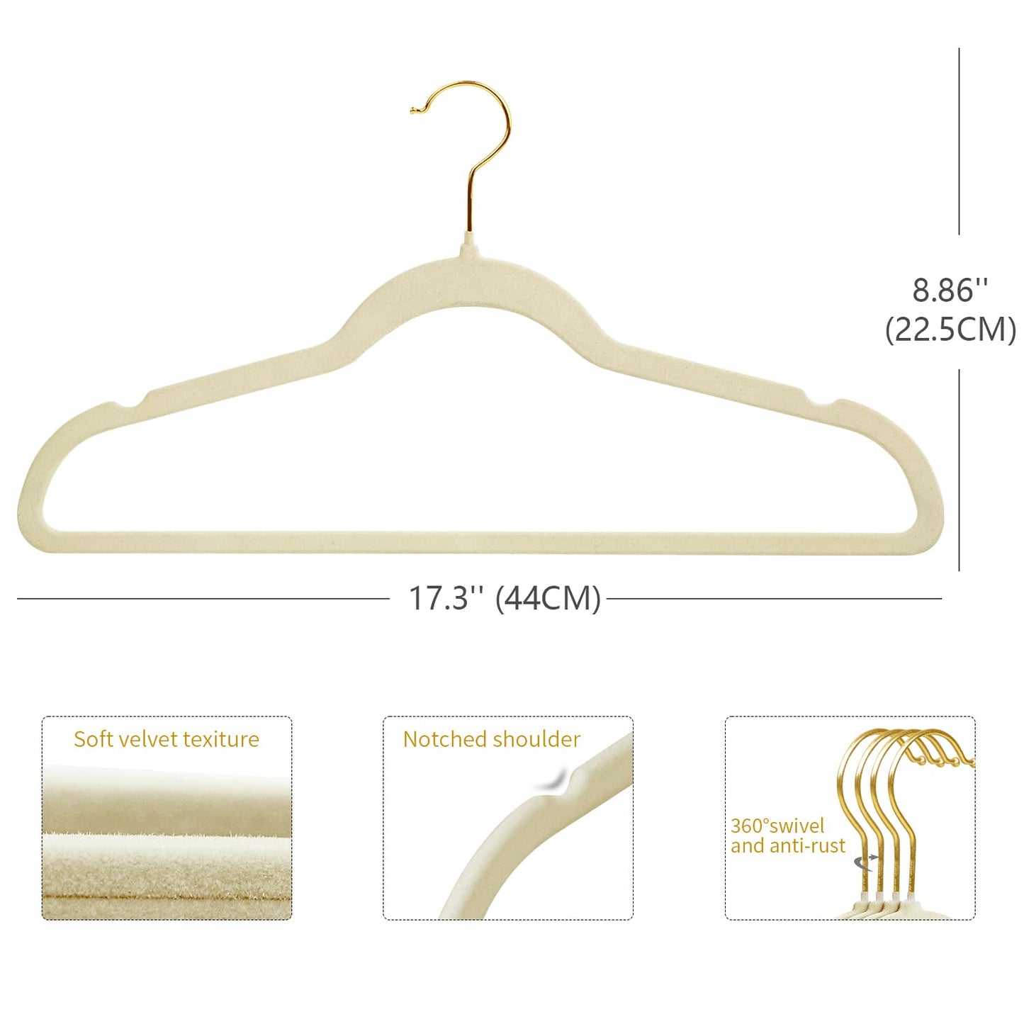 ManGotree Velvet Coat Hangers with 360° Swivel Gold Hook 66 Pack Beige